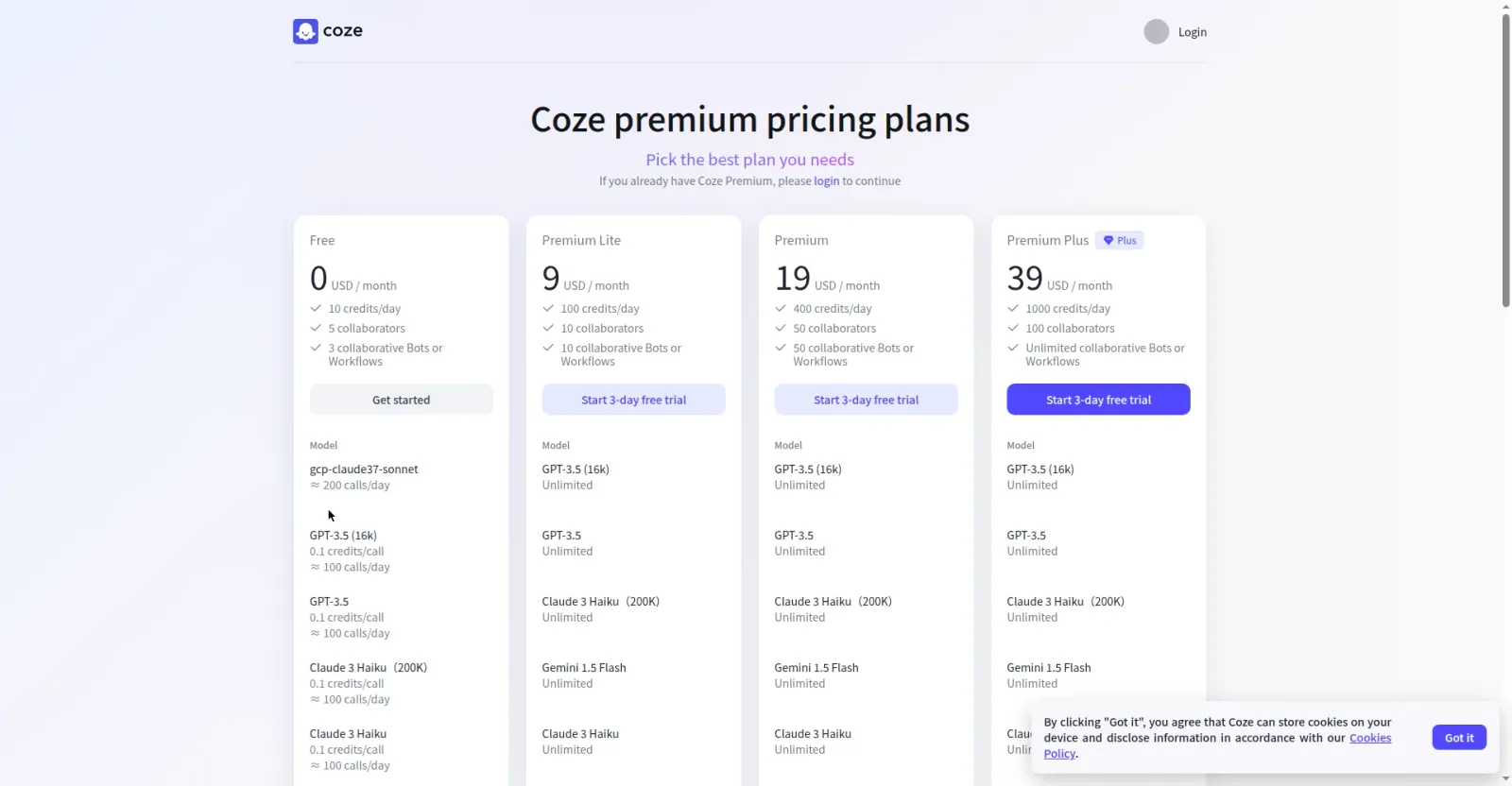 步骤6：coze.com 定价页，Free 档 0 美元/月、每天 10 credits