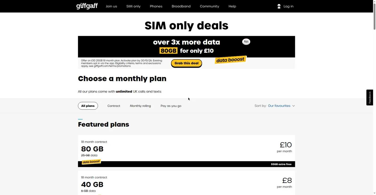 giffgaff 套餐价格页:最低 £6/月