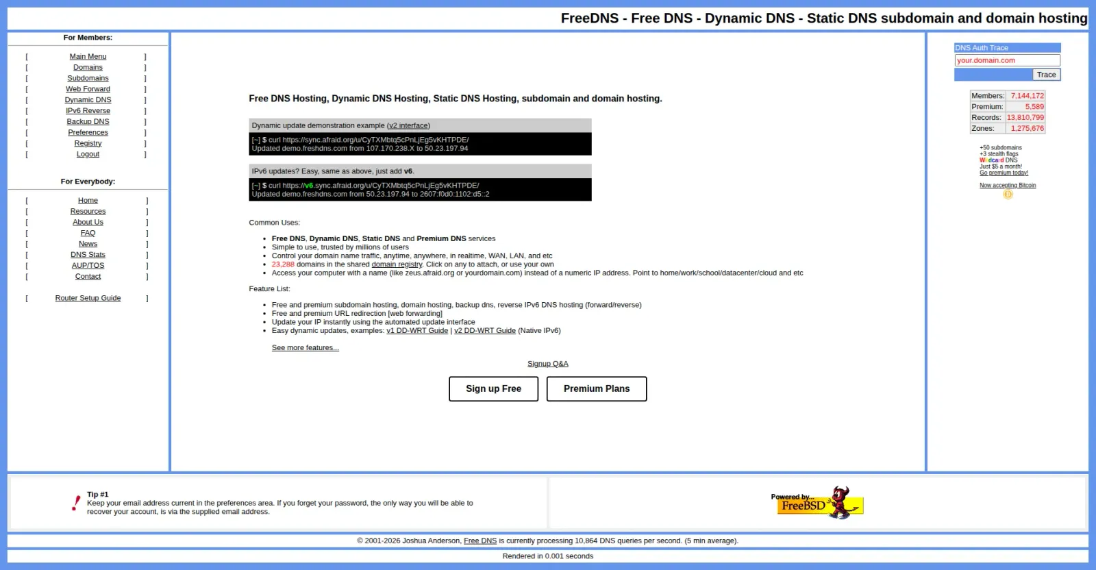步骤1:freedns.afraid.org 首页,FreeDNS 免费 DNS / 动态 DNS / 子域名托管