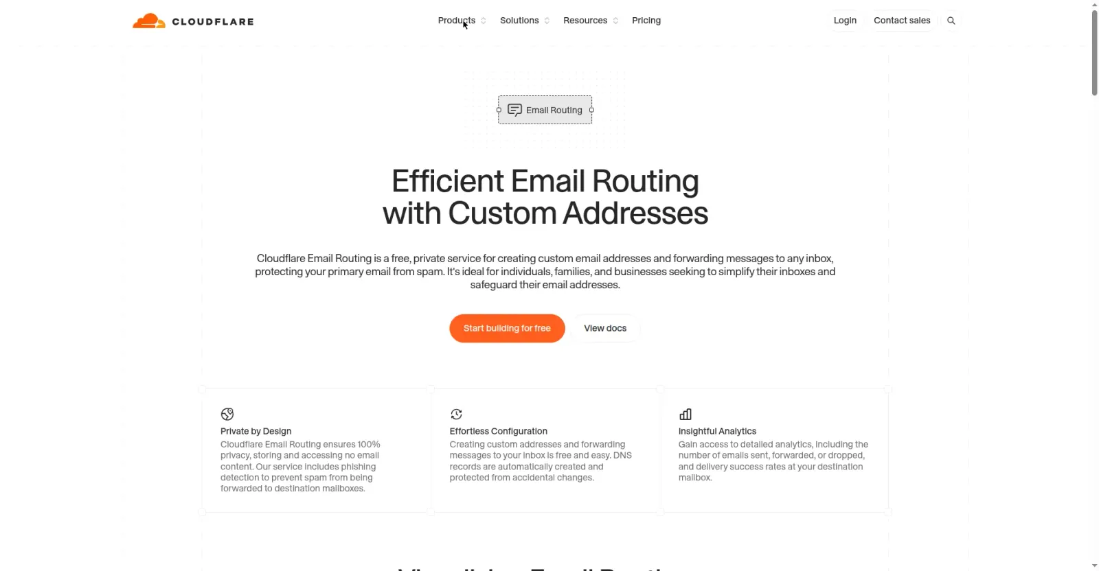 步骤3：Cloudflare 官网 Email Routing 产品页：免费、私密、自定义域名地址