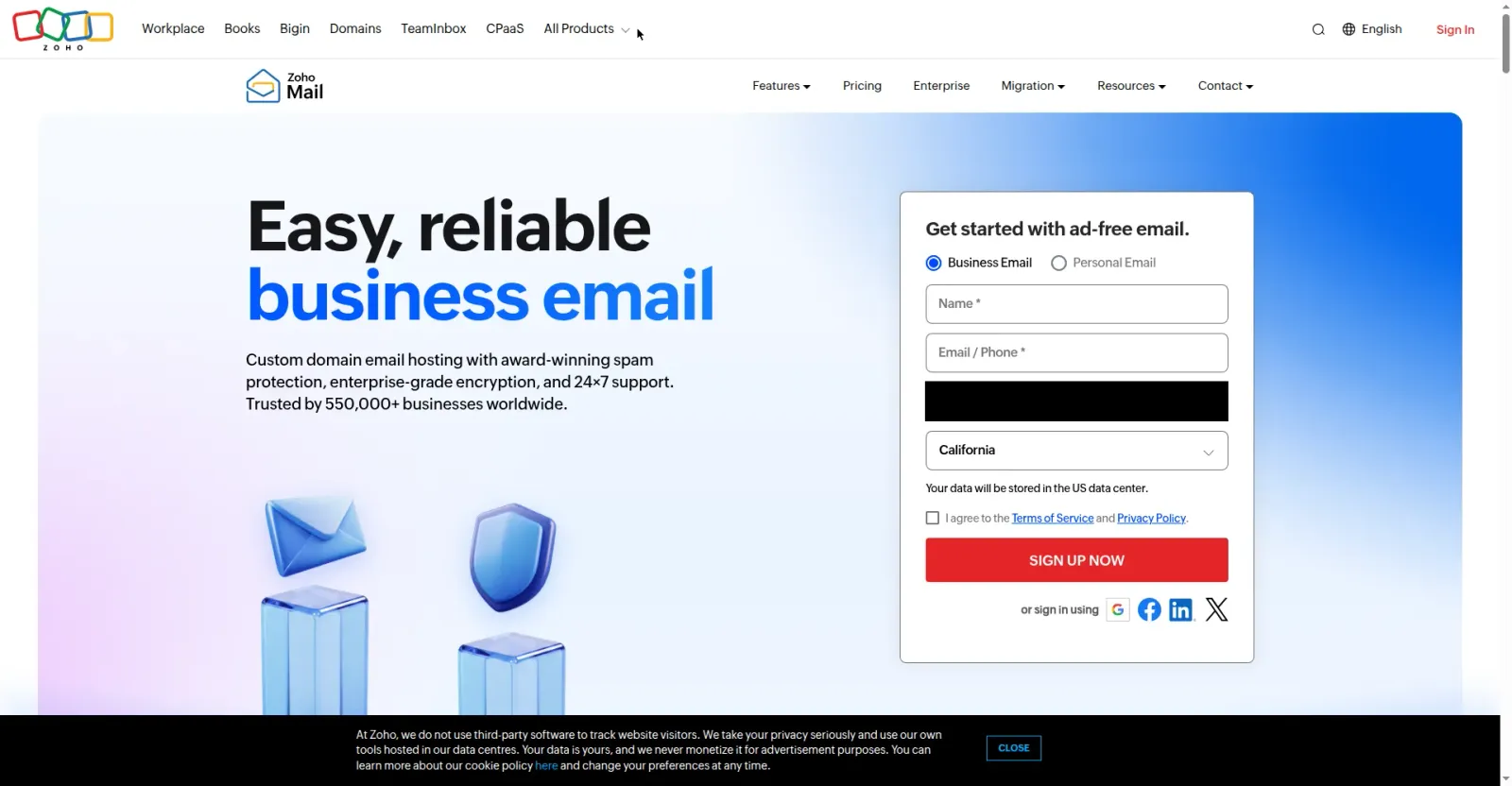 步骤4：Zoho Mail 定价页 Forever Free Plan：一个域名、5 用户、每人 5GB