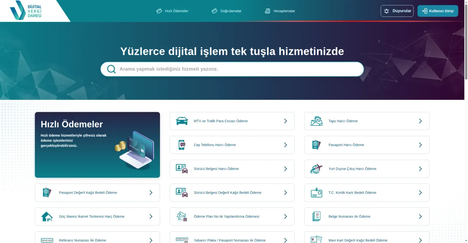 步骤1:dijital.gib.gov.tr 首页,Hızlı Ödemeler(快速支付)栏目
