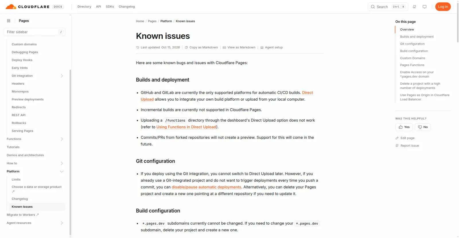 Cloudflare Pages 官方已知问题页