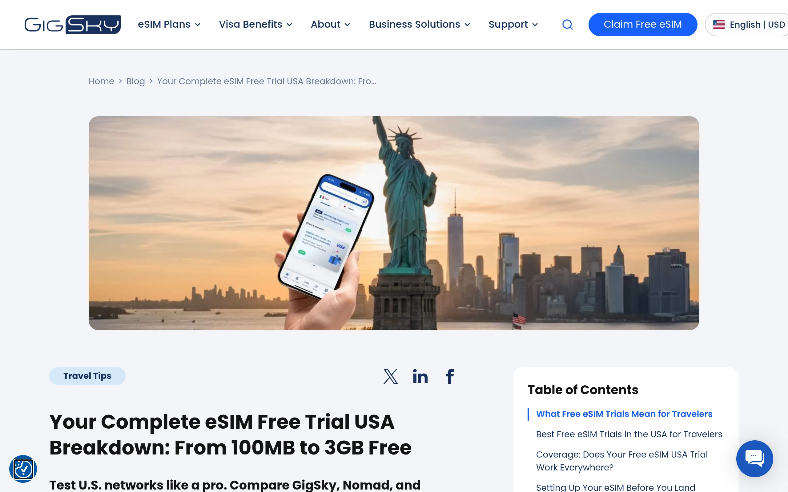 GigSky's official free-trial breakdown: 100MB/7 days up to 3GB/15 days for Visa cardholders