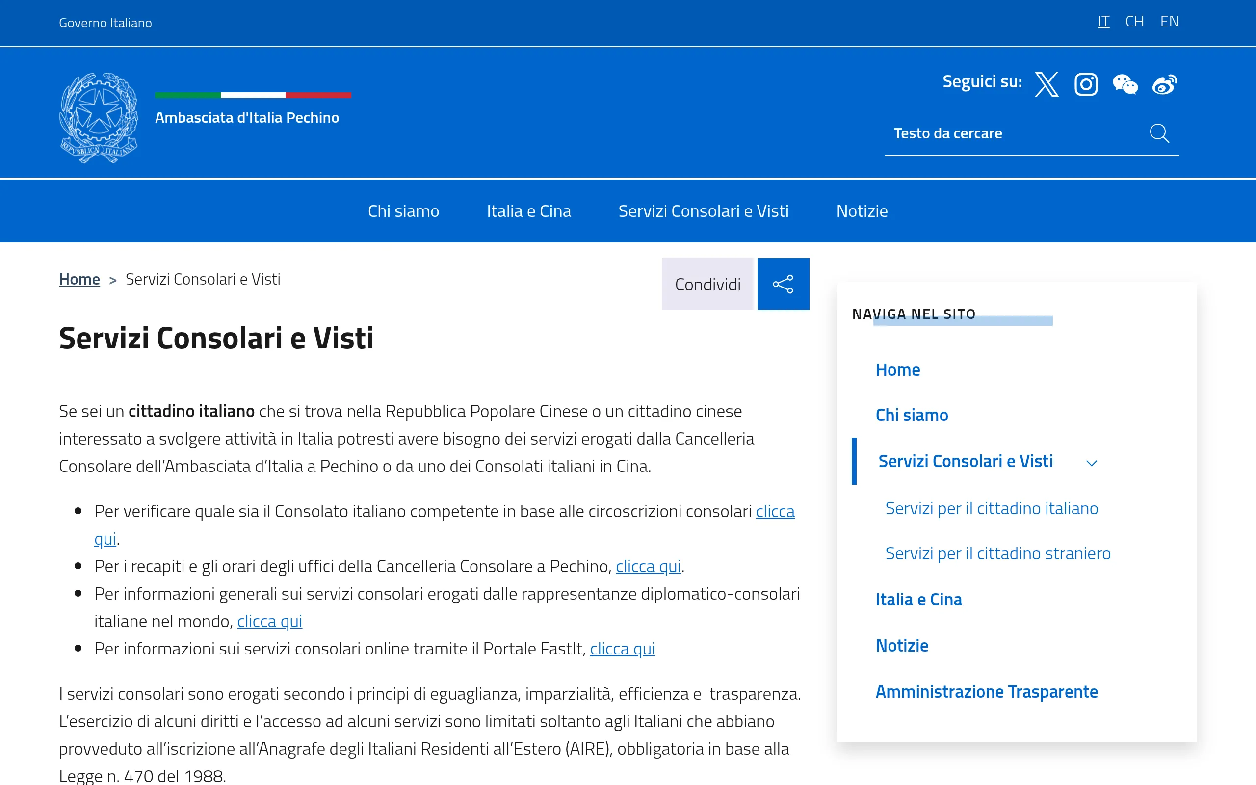Embassy of Italy in Beijing, consular services page