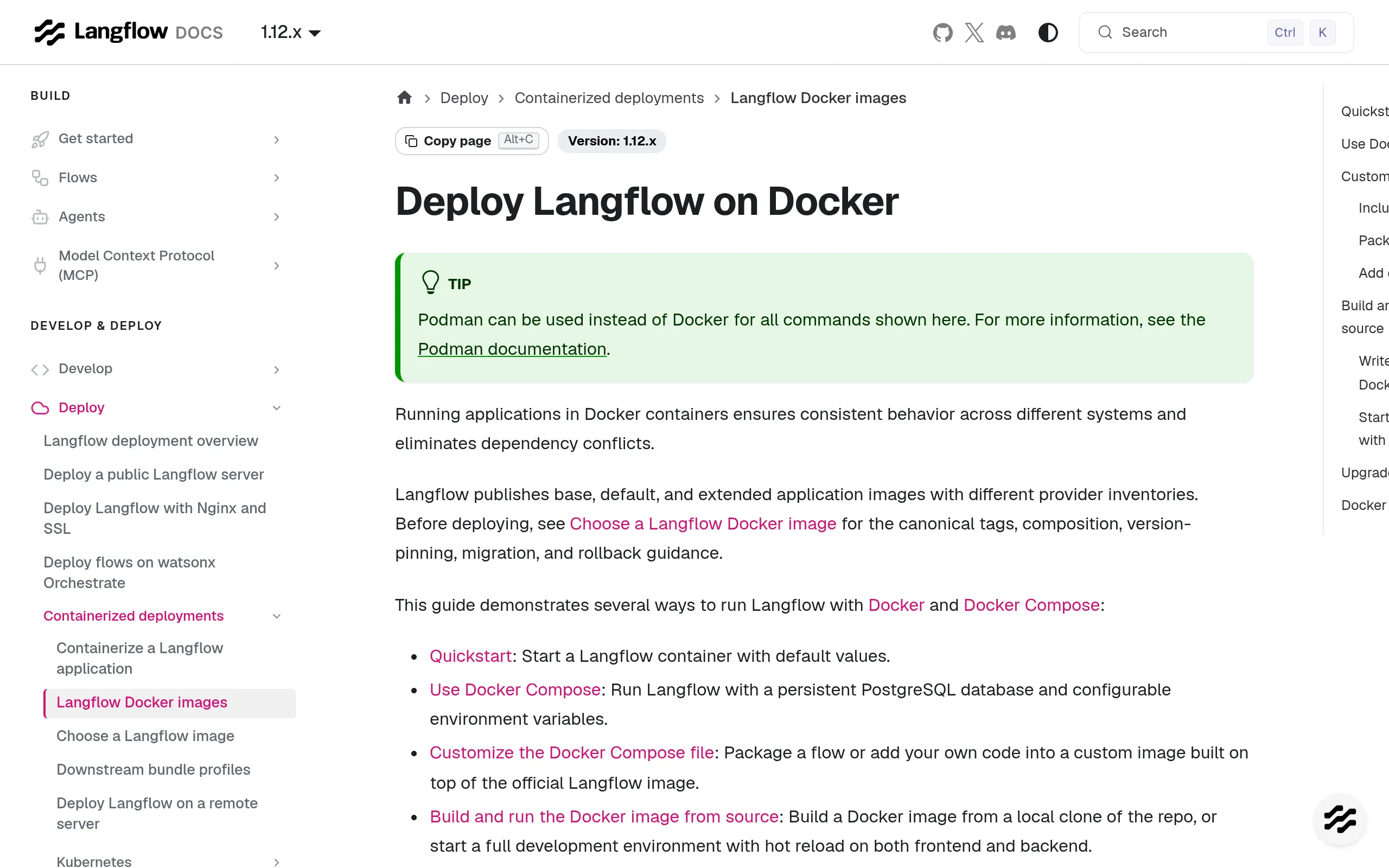 Official "Deploy Langflow on Docker" docs page, Quickstart section with the docker run command