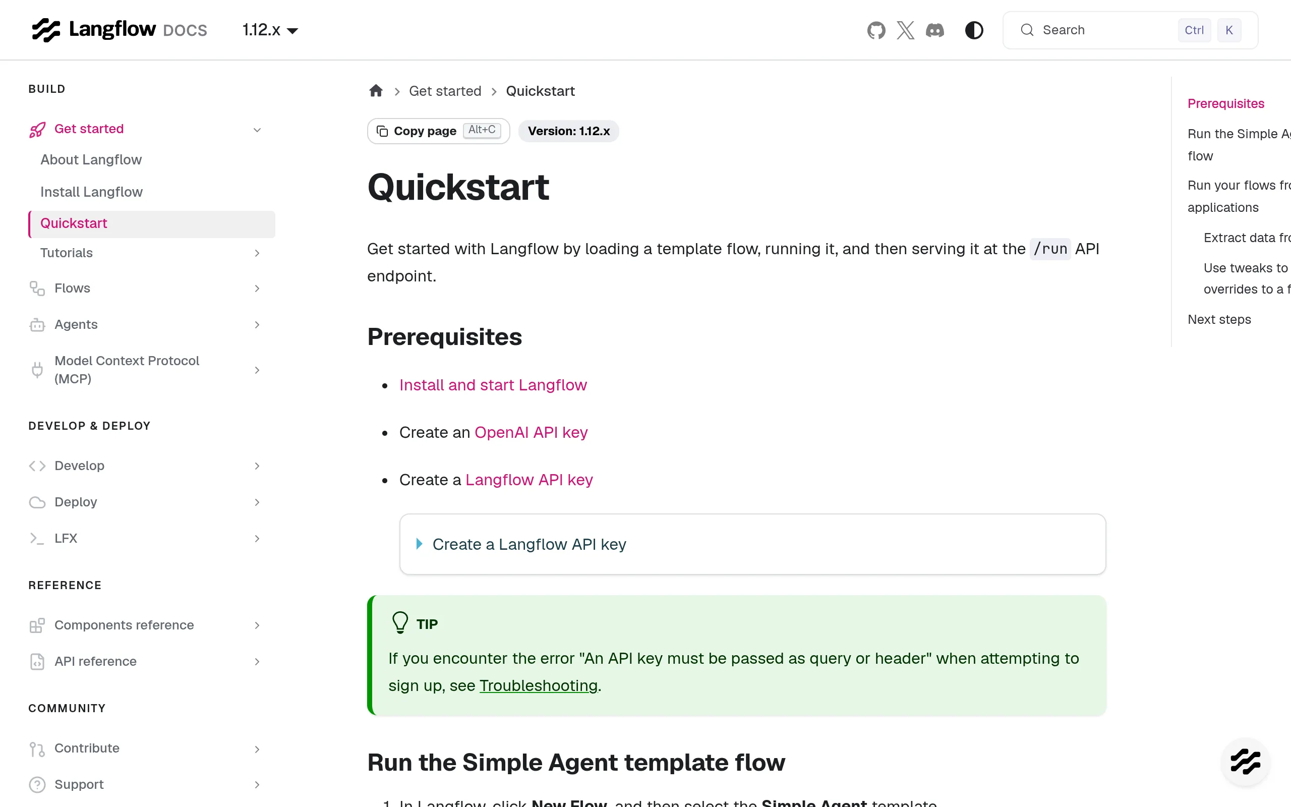 Official Quickstart docs: prerequisites and steps for running the Simple Agent template flow (docs screenshot; your local UI matches the version you installed)