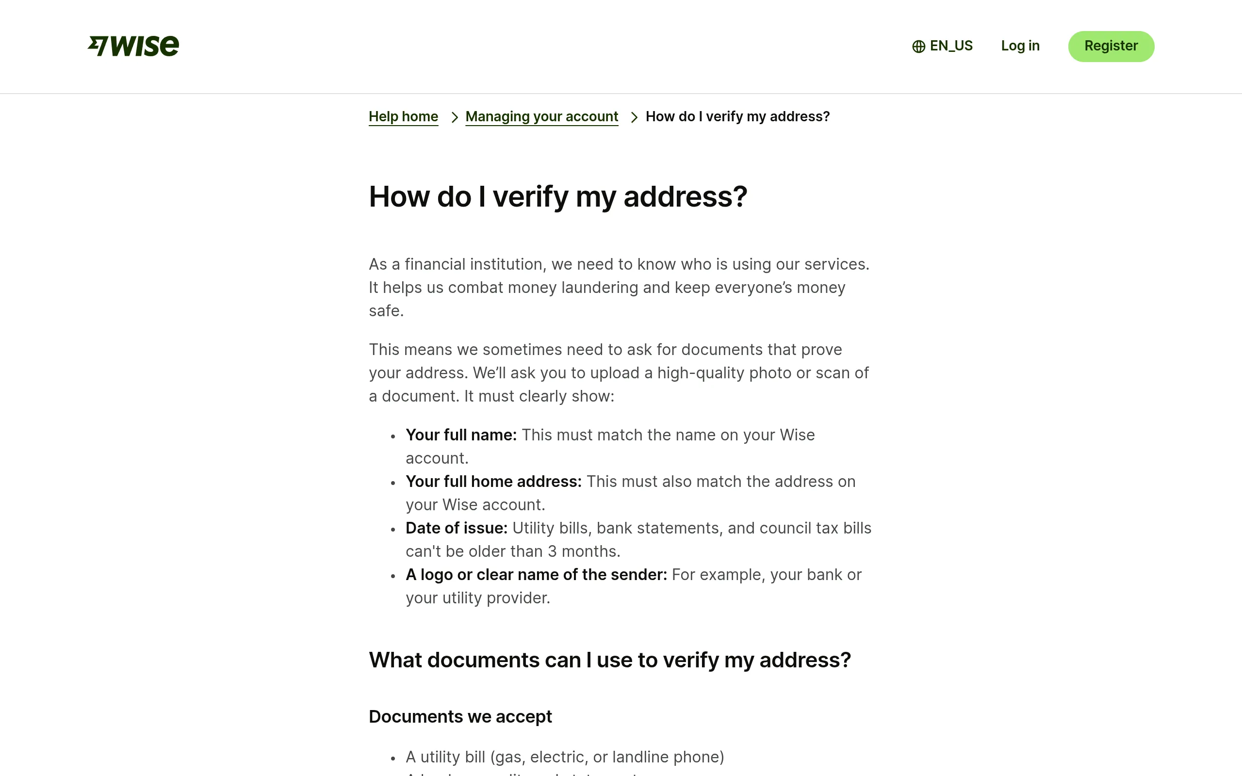 Wise official help page: the four hard requirements for address verification — full name, full address, issue date, issuer identification
