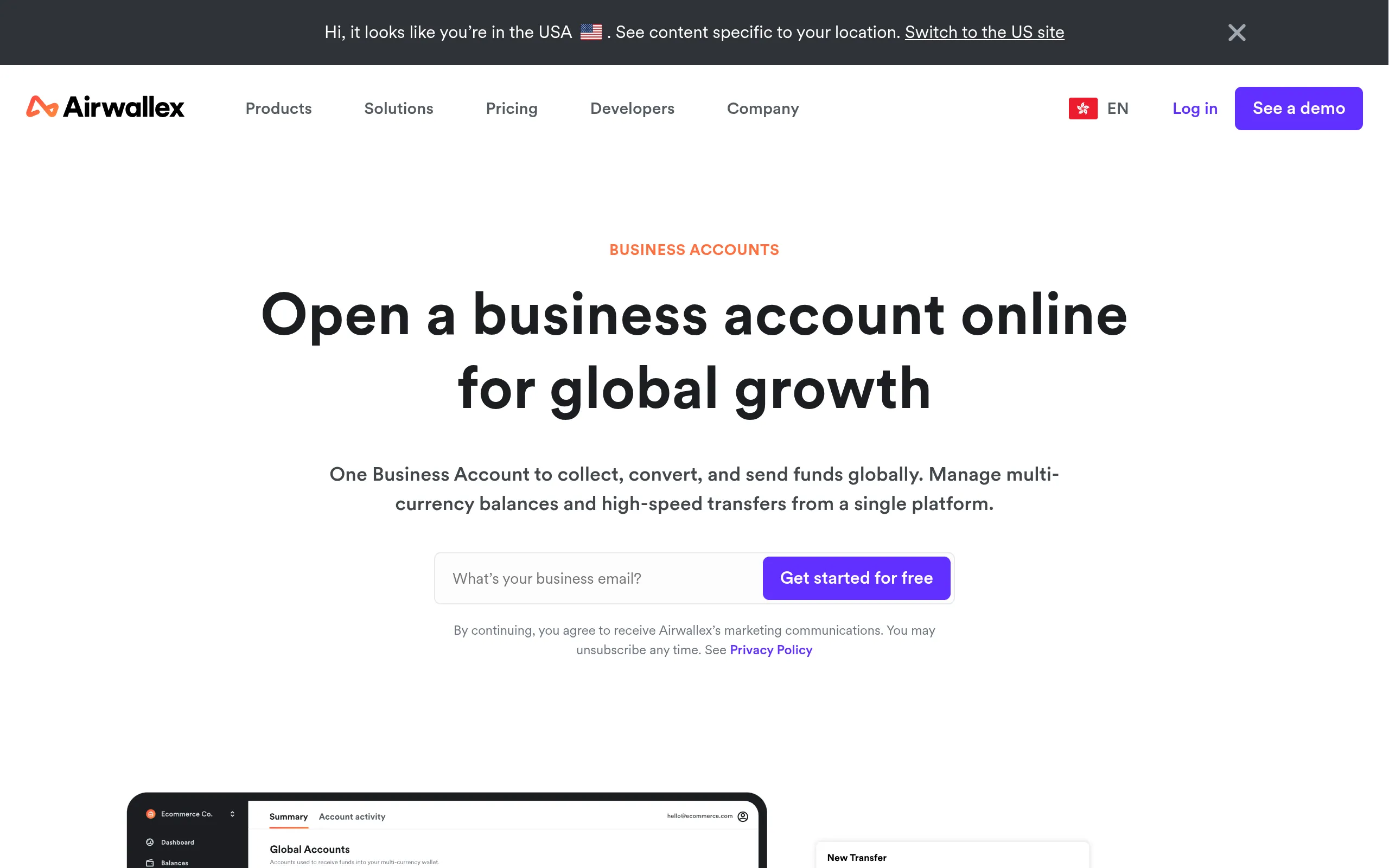 Airwallex account opening page: start online with your business email