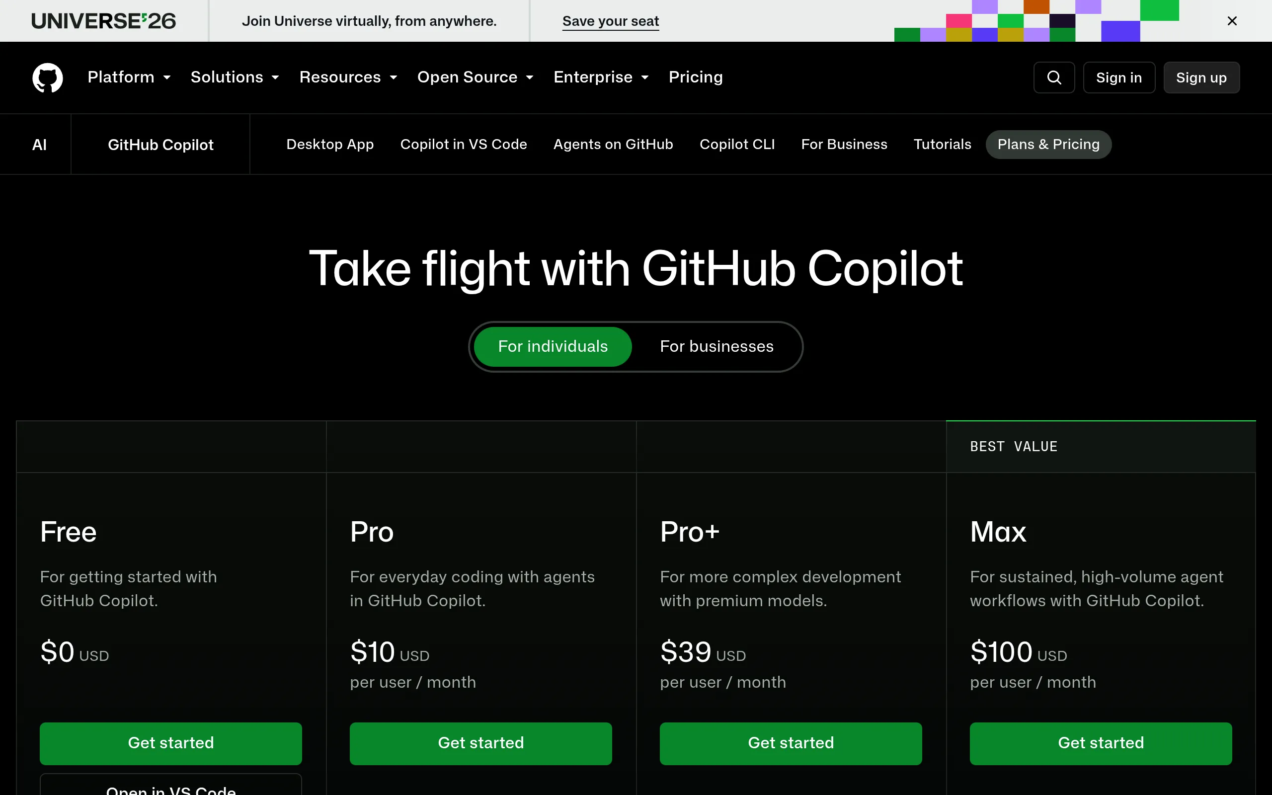 GitHub Copilot 官方计划页:Free $0 / Pro $10 / Pro+ $39 / Max $100
