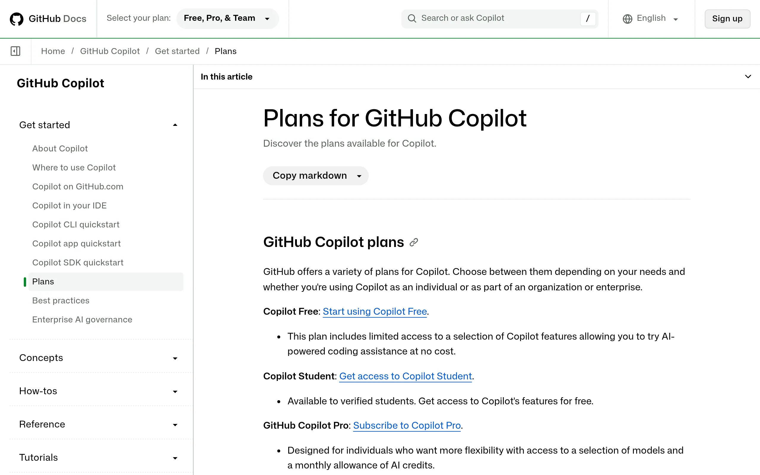 GitHub 官方文档 Plans 页:Copilot Free 条目与 Start using Copilot Free 入口