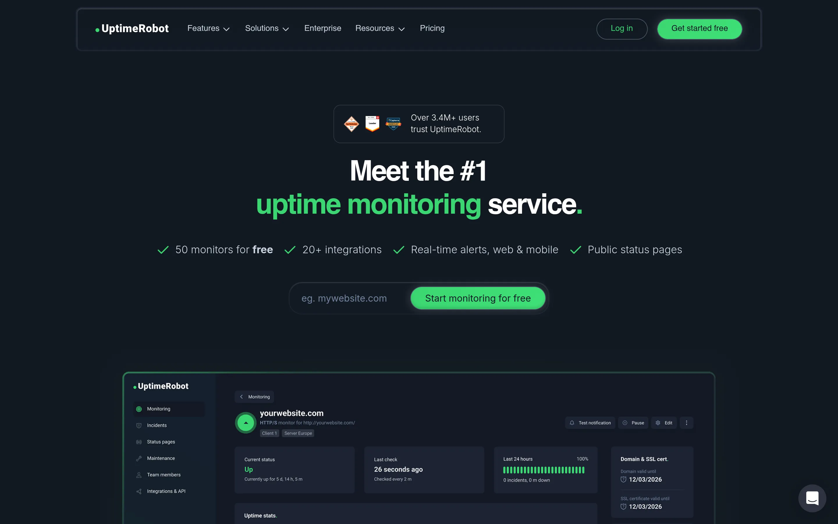UptimeRobot homepage: 50 free monitors, start monitoring for free