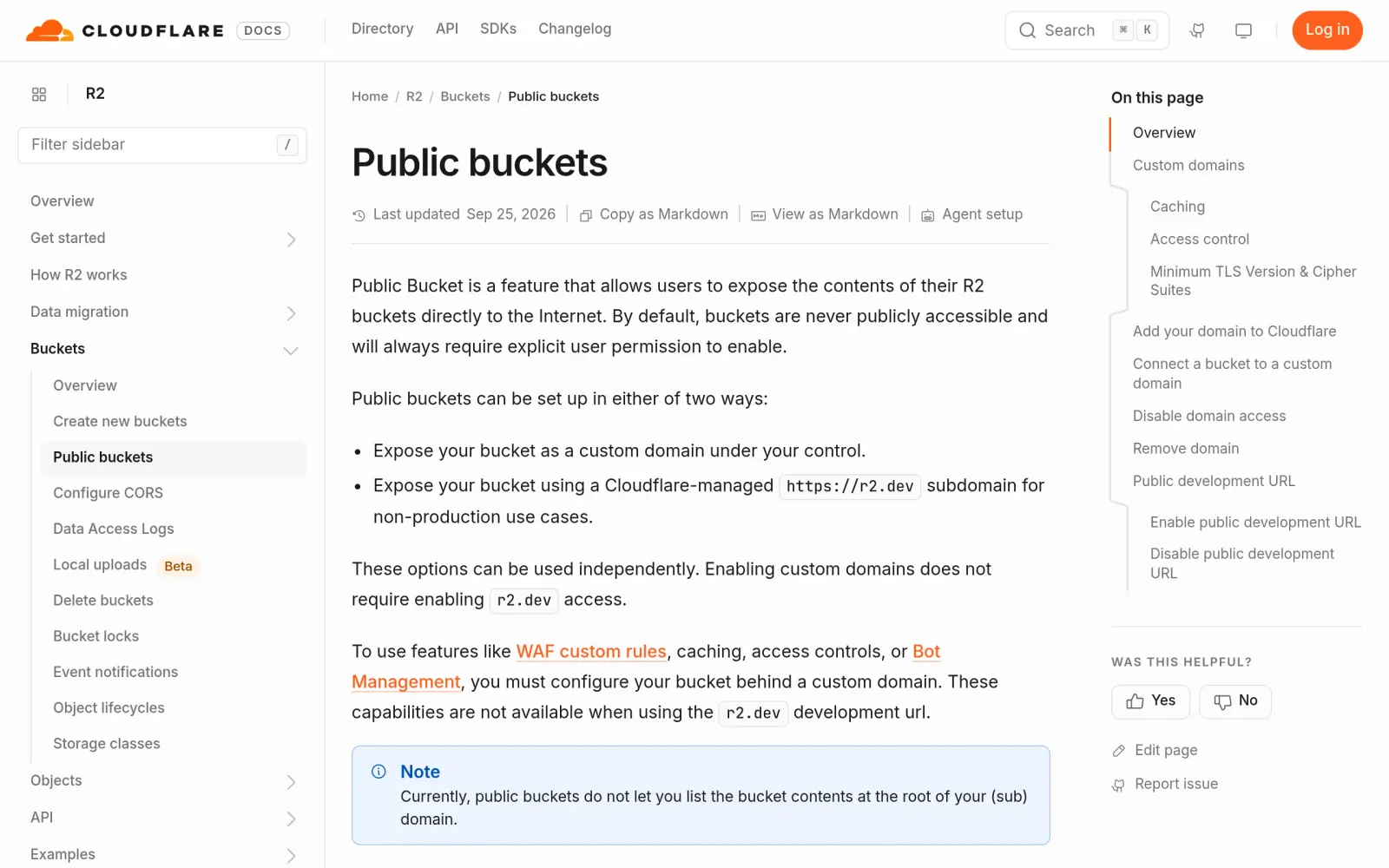 R2 public buckets and custom domain official docs