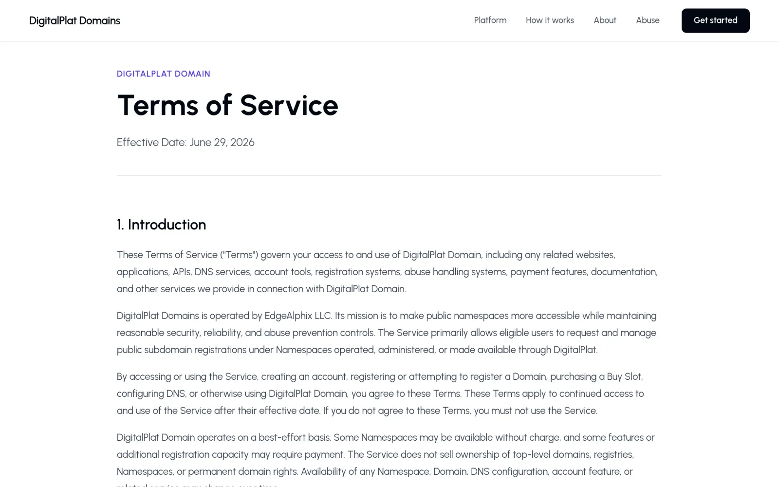 DigitalPlat terms of service: best-effort, no SLA, namespaces may be discontinued