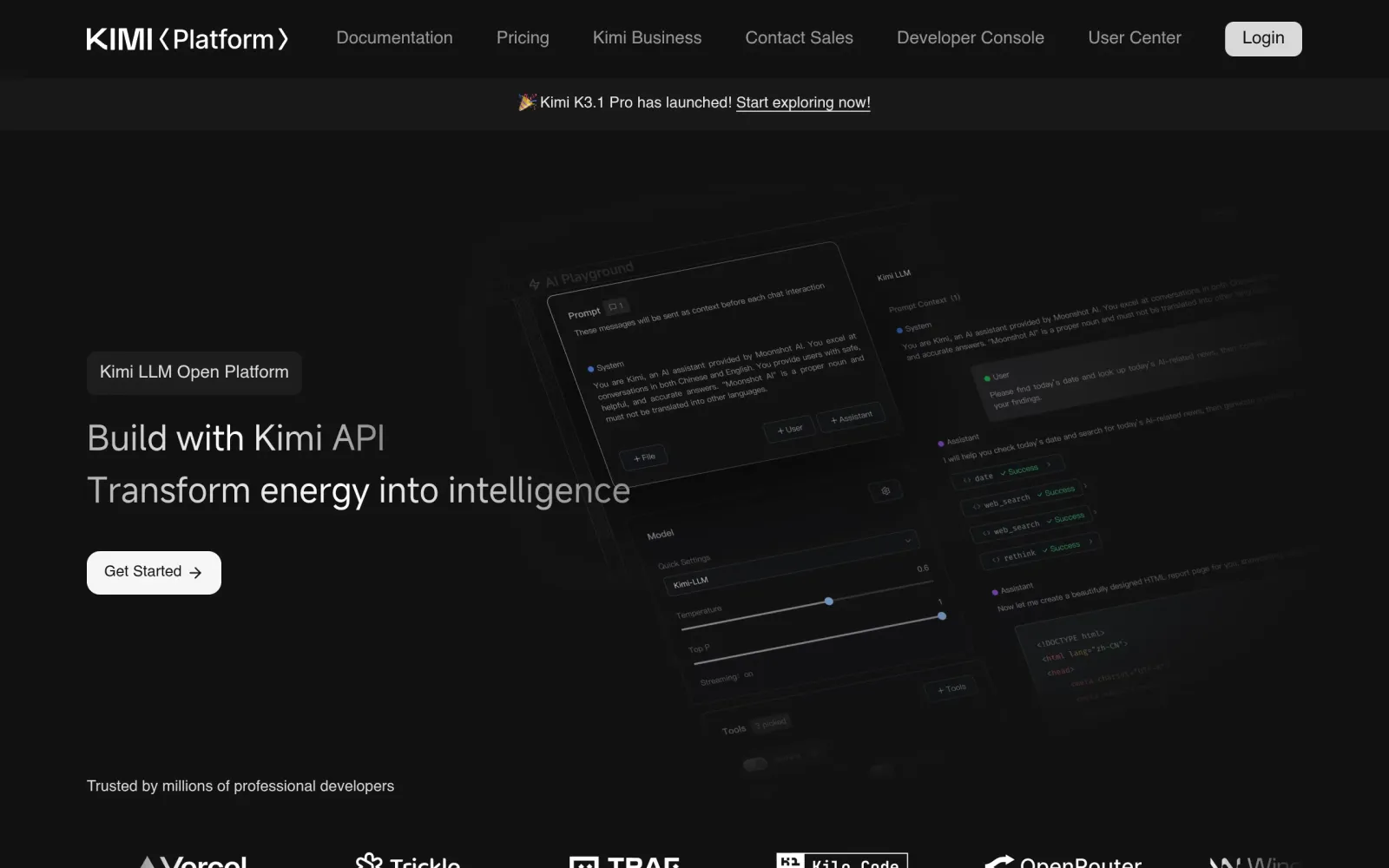 Kimi API 平台首页:K3.1 Pro 已上线横幅与 API 入口