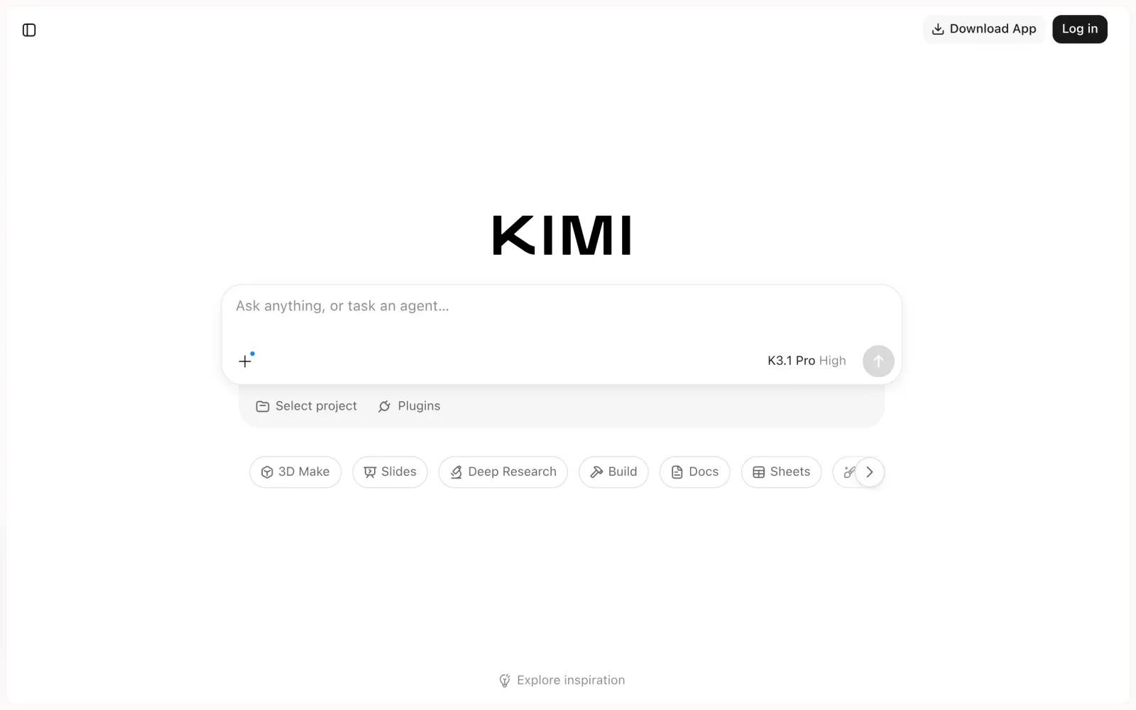 kimi.ai 首页:模型选择器与 3D Make 入口