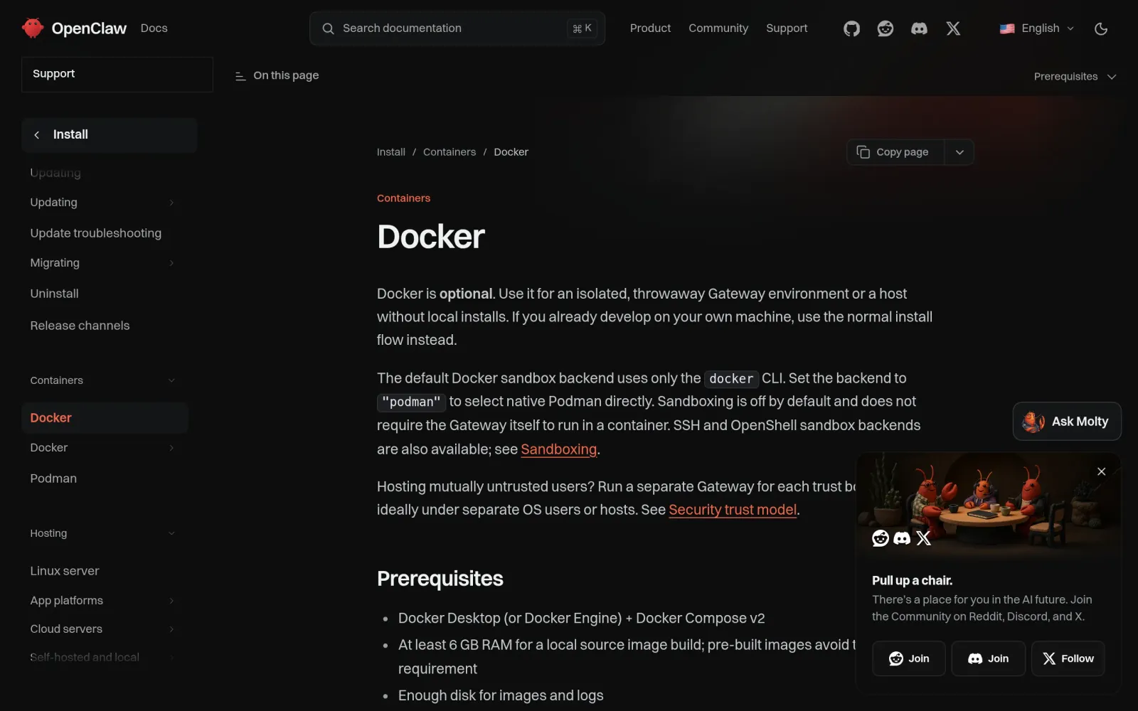OpenClaw 官方 Docker 部署页:前置条件、setup.sh、健康检查