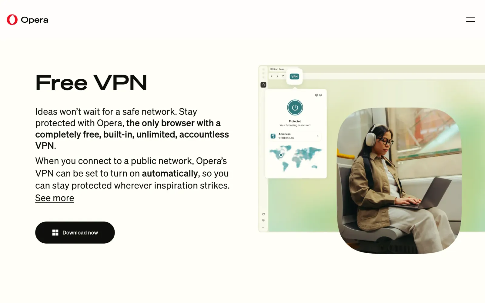 Opera 官方免费 VPN 页:无流量上限、无需账号、仅覆盖浏览器内流量