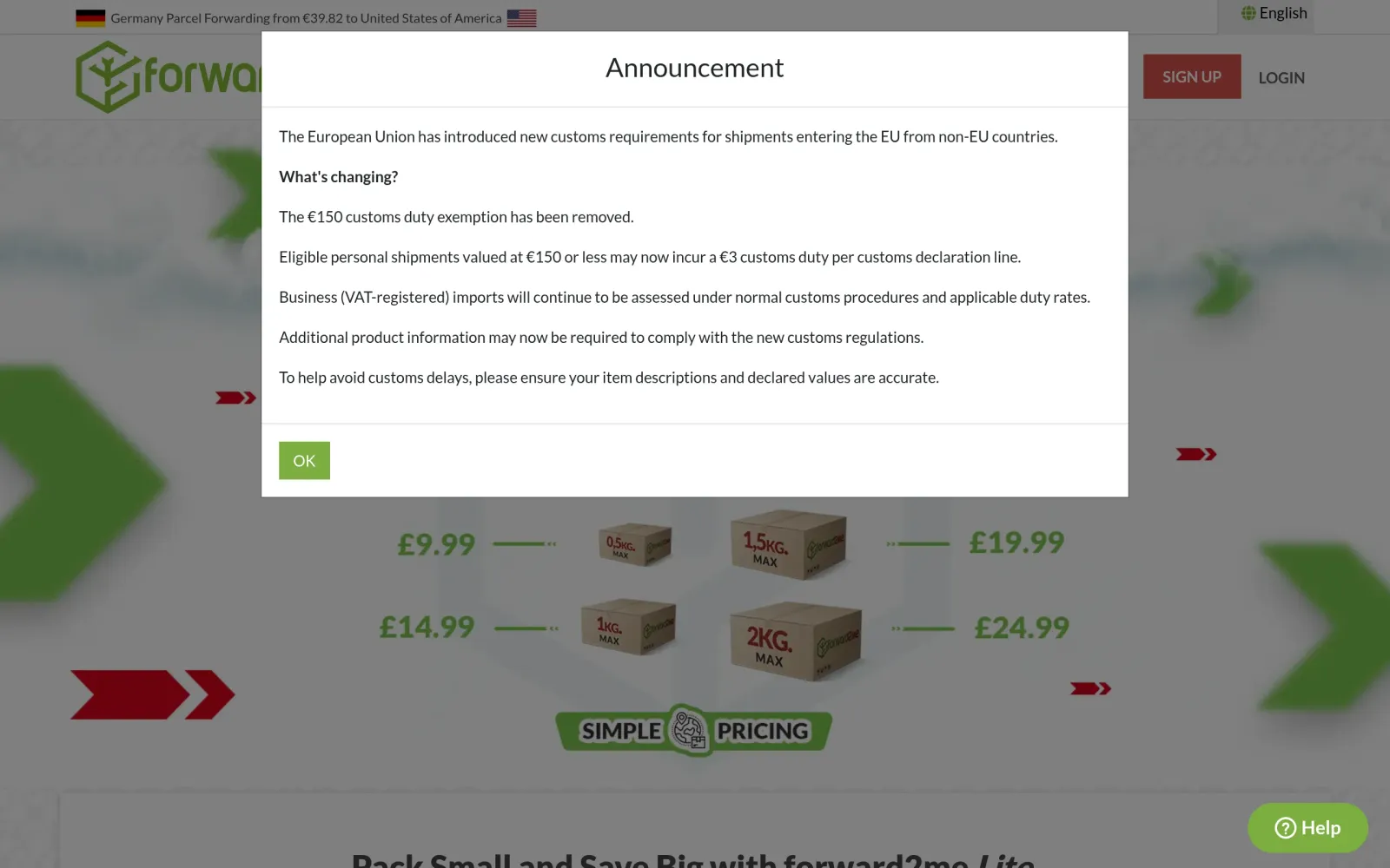 forward2me Lite light-parcel service page