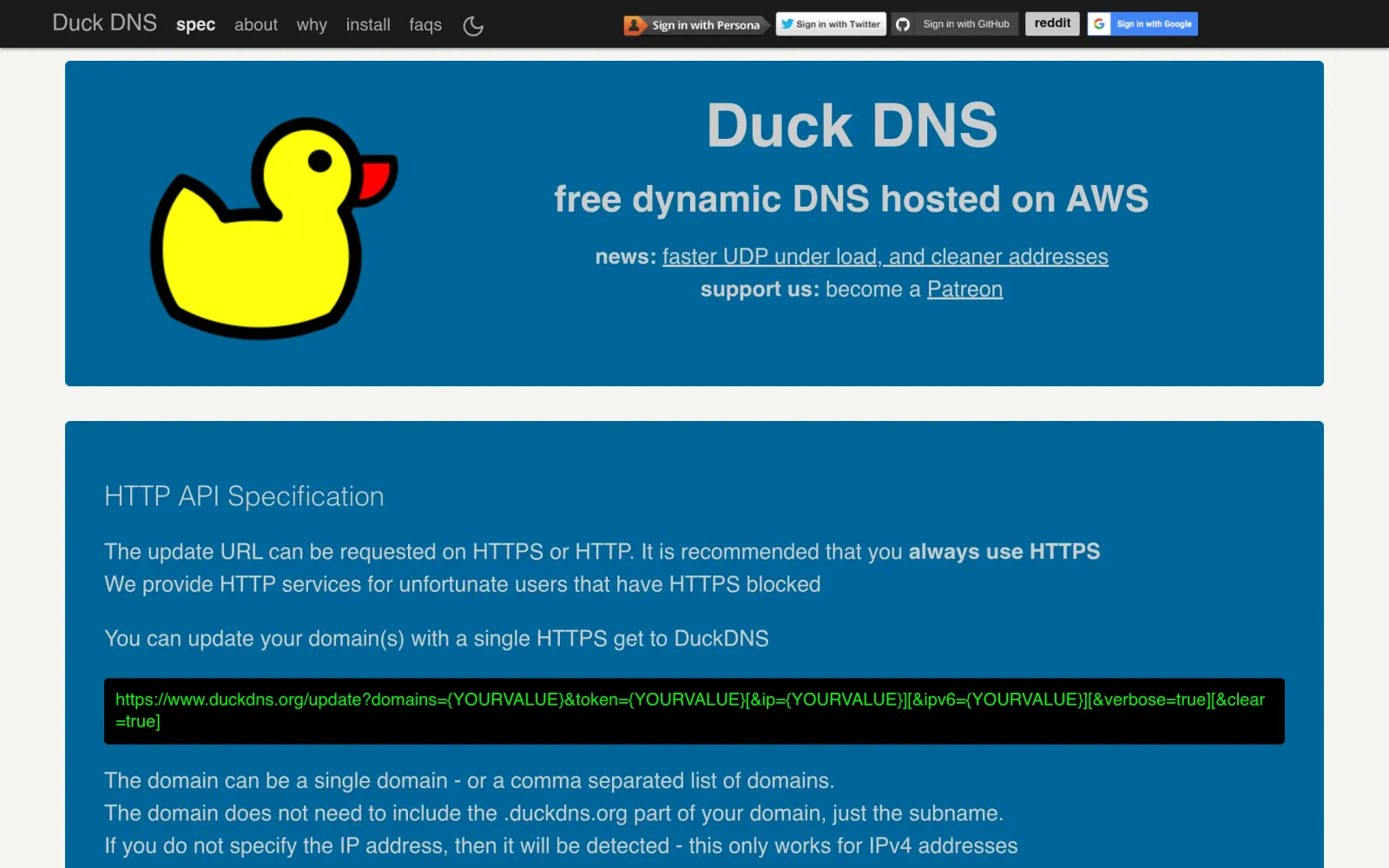 DuckDNS update API official specification