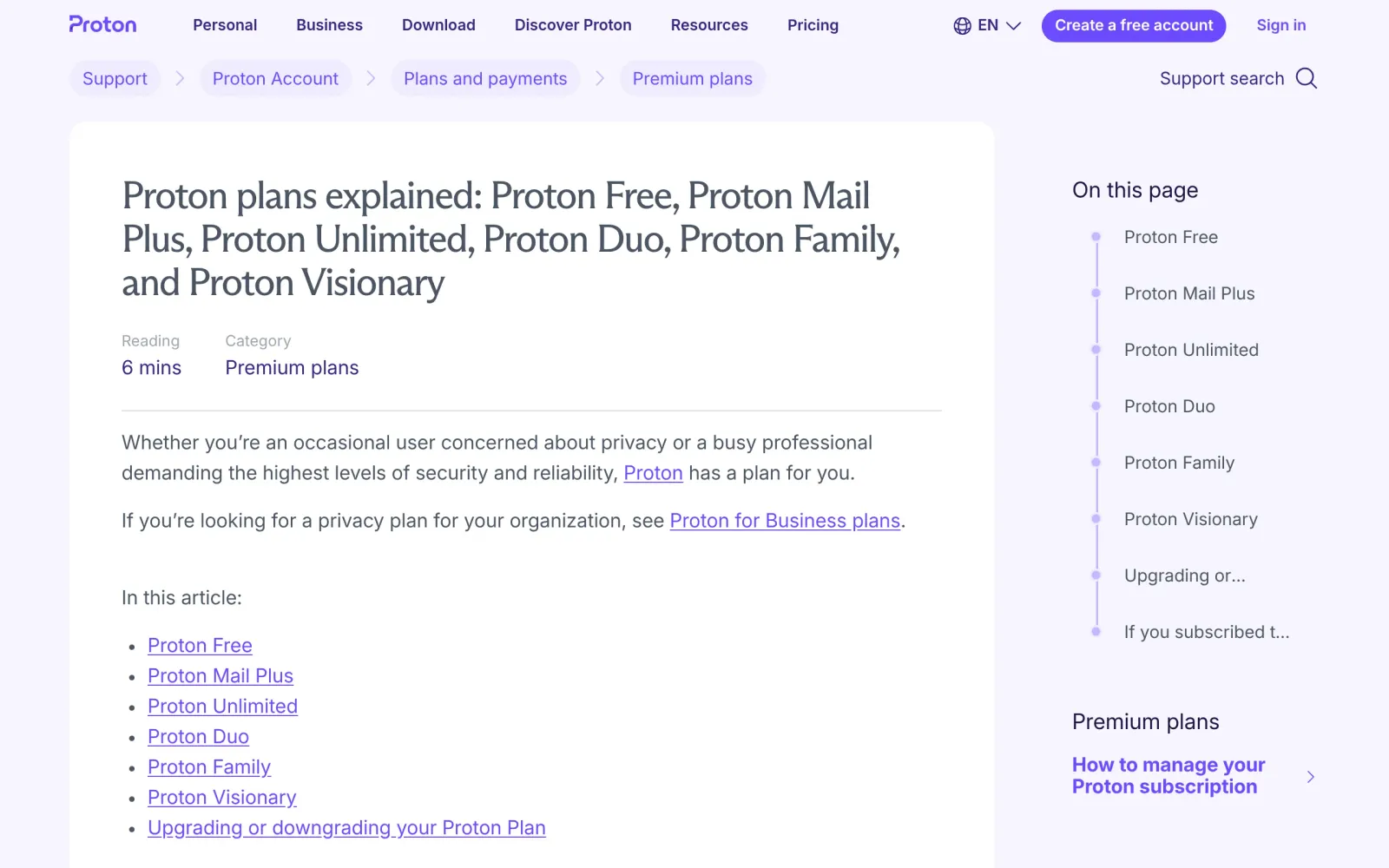 Proton 官方方案说明页：Proton Free 免费，付费档解锁更多存储与功能