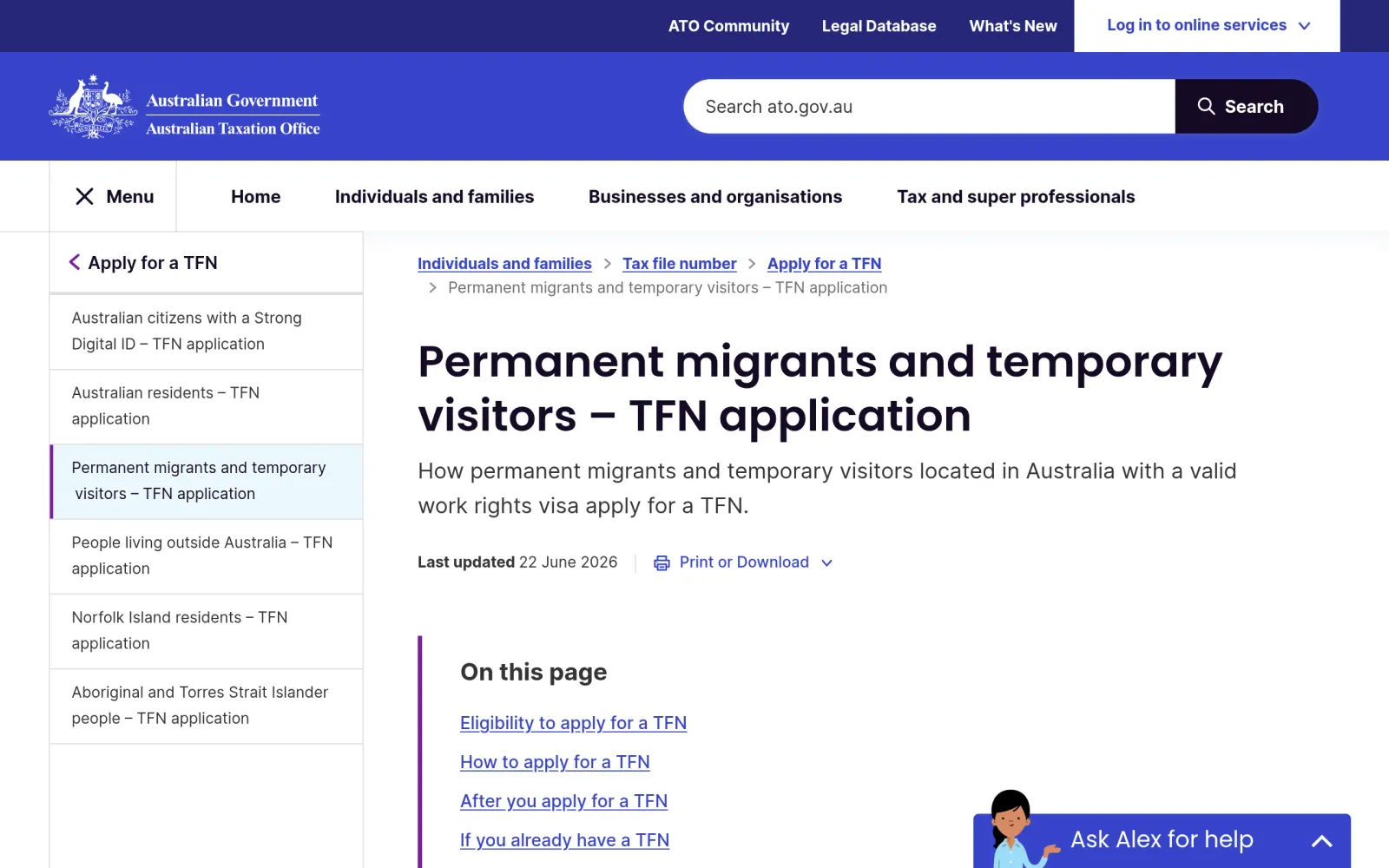 ATO 外国护照持有人 TFN 申请页：IAR 线上通道