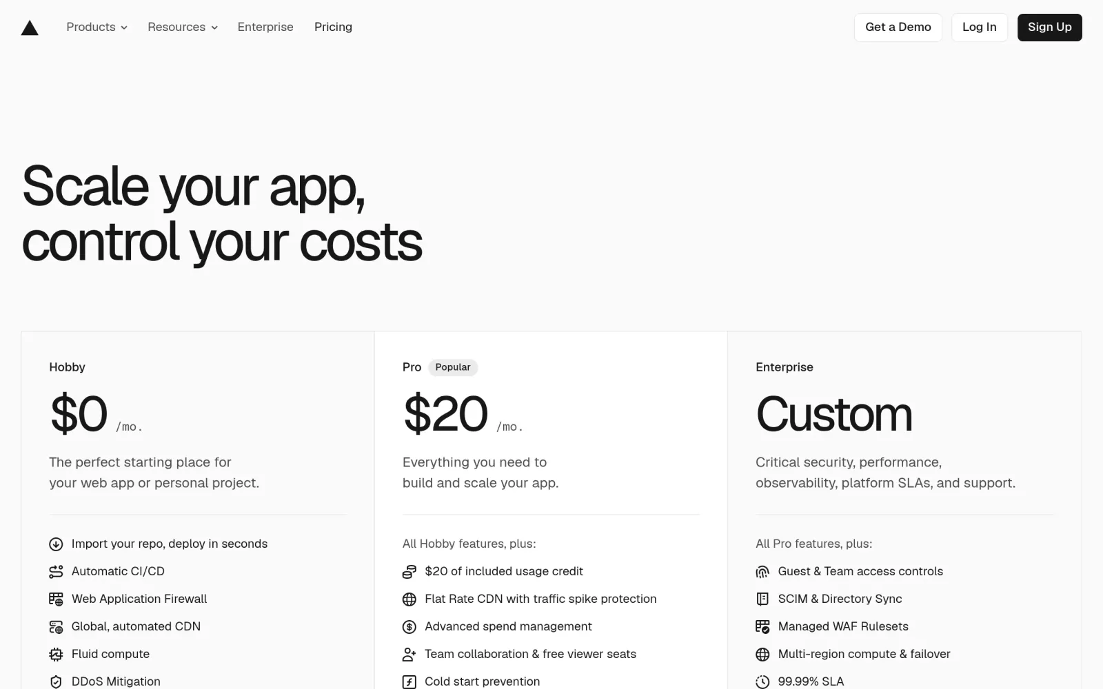 Vercel 定价页:Hobby $0,Pro $20/人/月