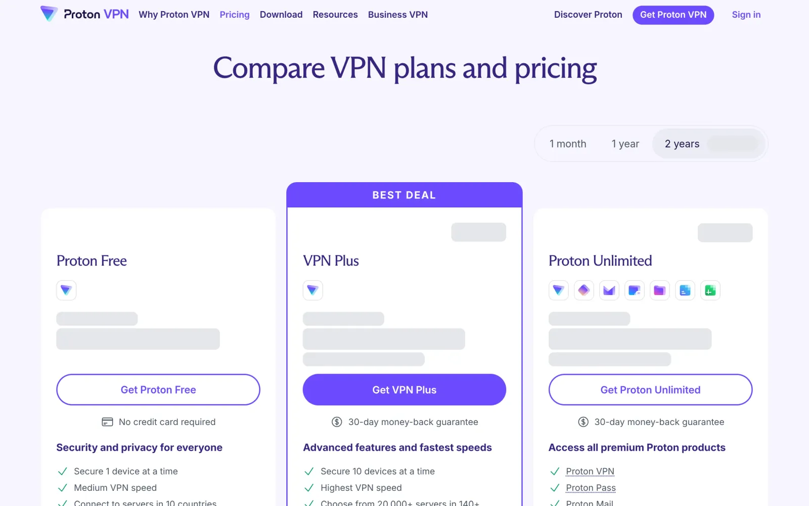 Proton VPN 定价页:Free $0,Plus 与 Unlimited 付费档对照