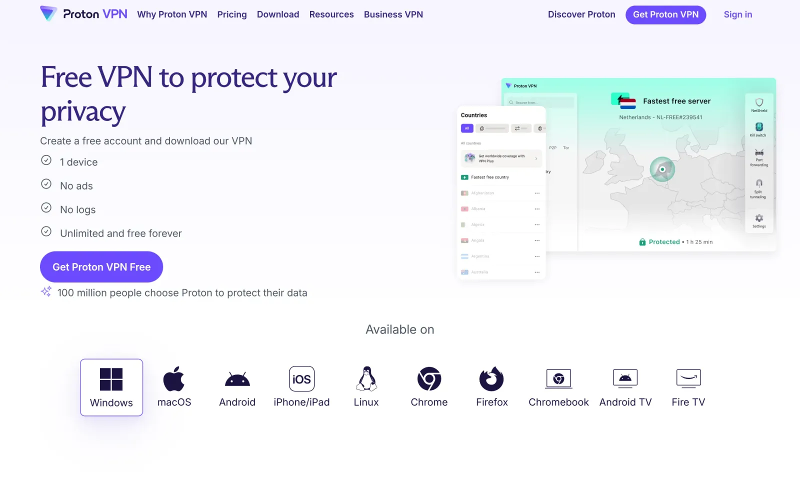 Proton VPN 免费档说明页
