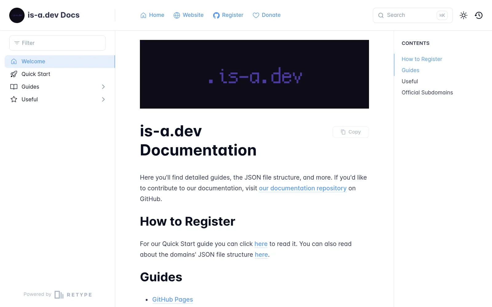 is-a.dev official docs quickstart