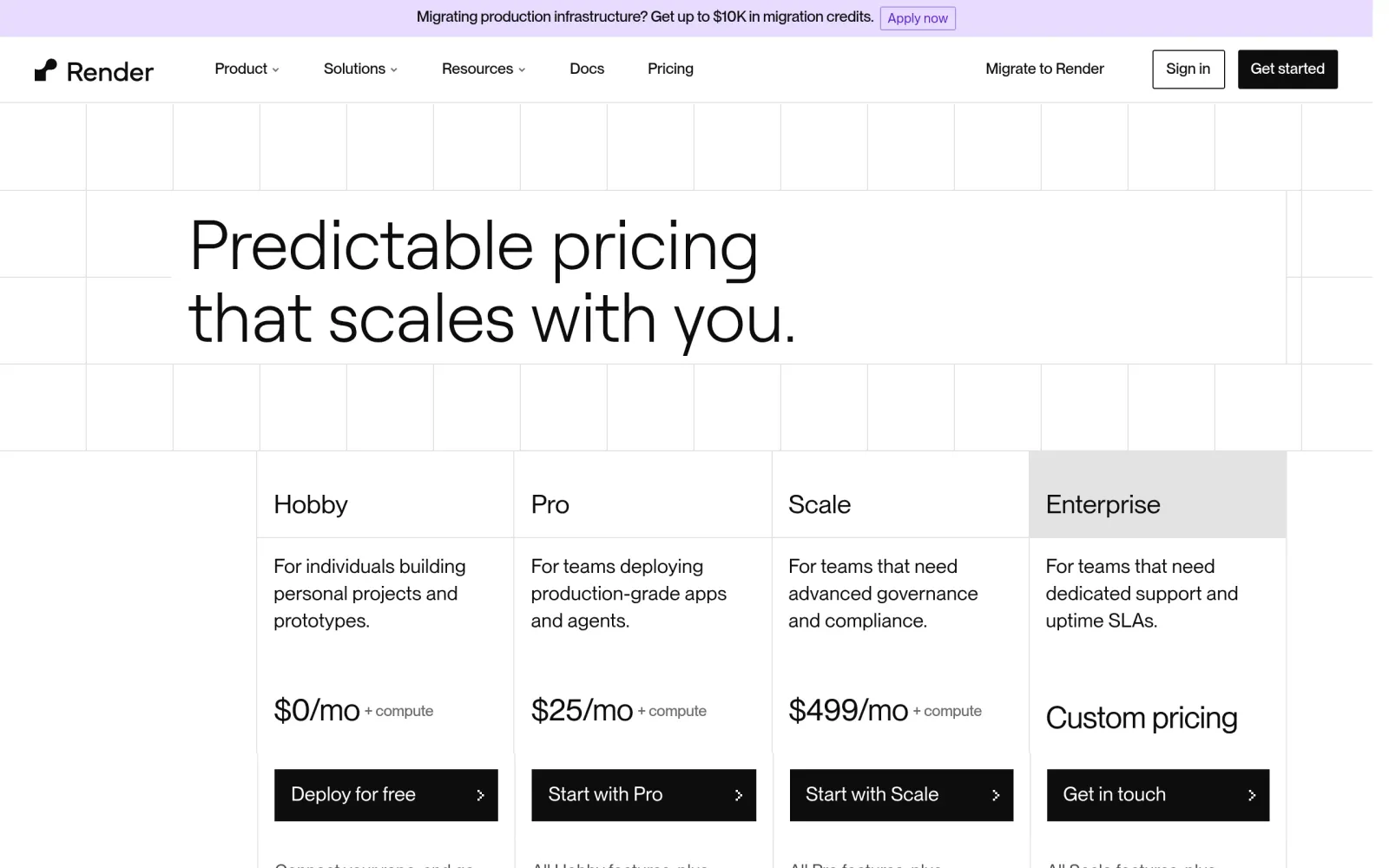 Render pricing page: Hobby workspace $0 + compute